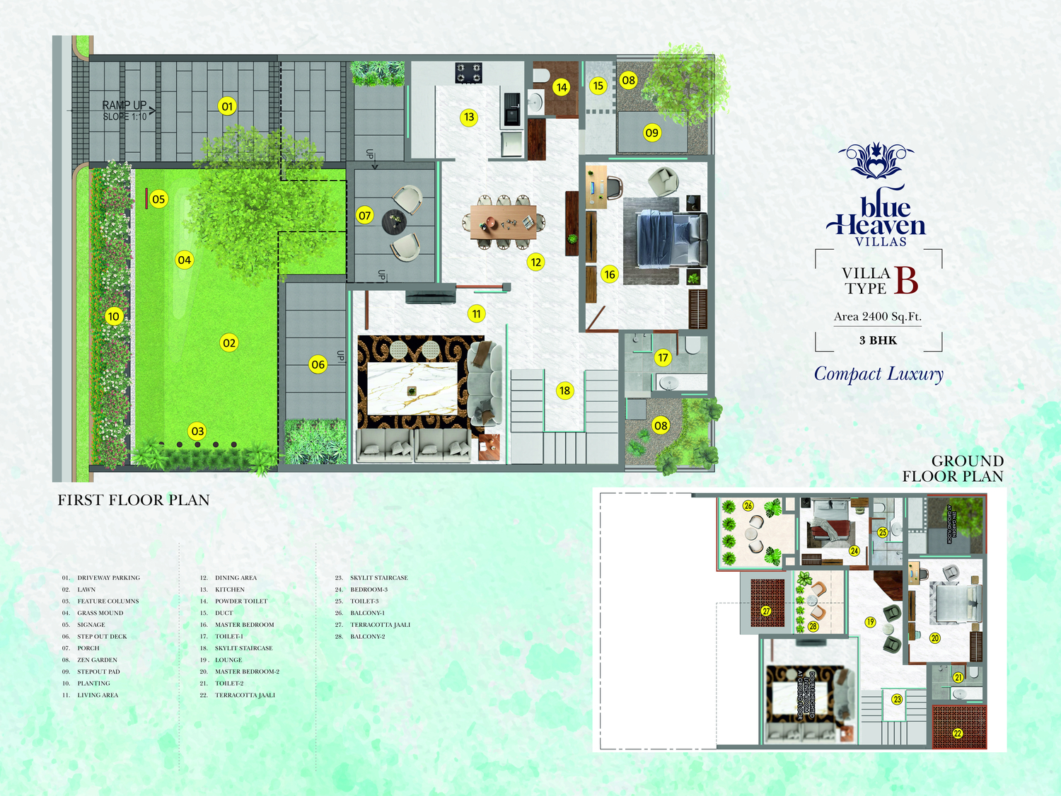 Villa Type B floor plan — 3 BHK, 2400 Sq Ft
